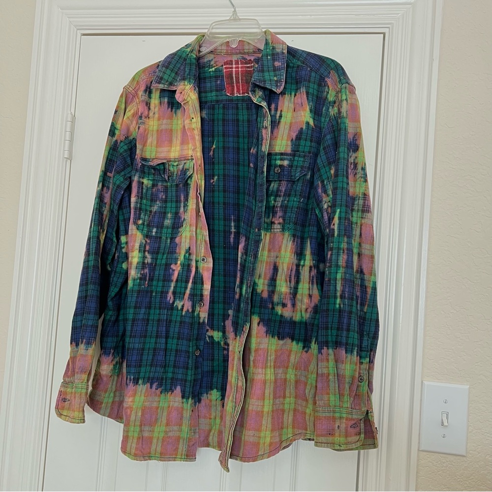 Boutique Purchased Bleach Dyed Plaid Button Down Shirt XL